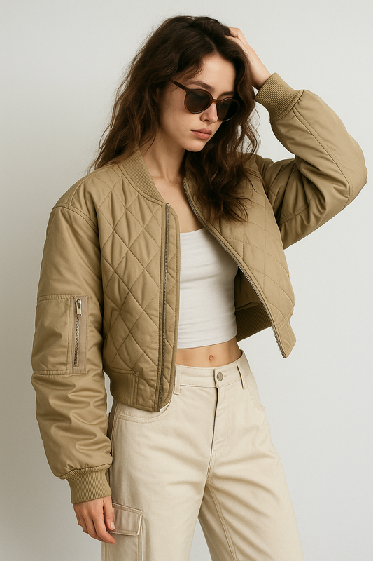 Sandstone Edge” Cropped Utility Jacket – Khaki
