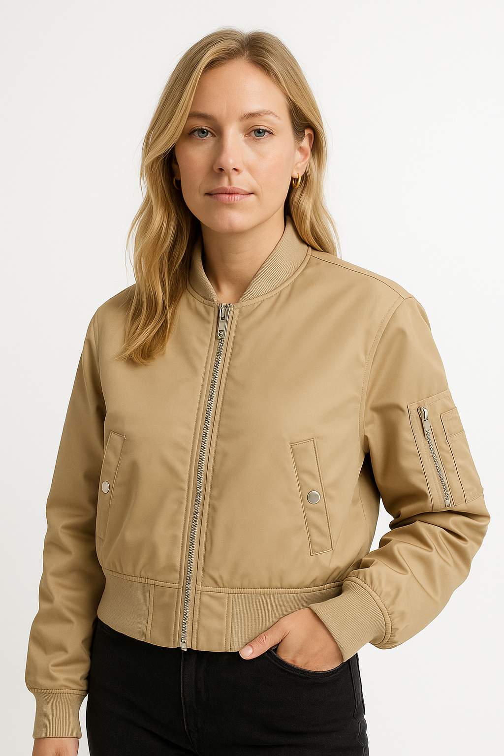 Sandstone Edge” Cropped Utility Jacket – Khaki