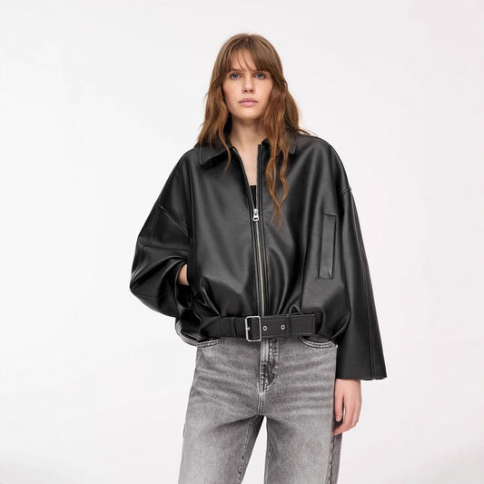 Berlin Noir" Belted Faux Leather Jacket