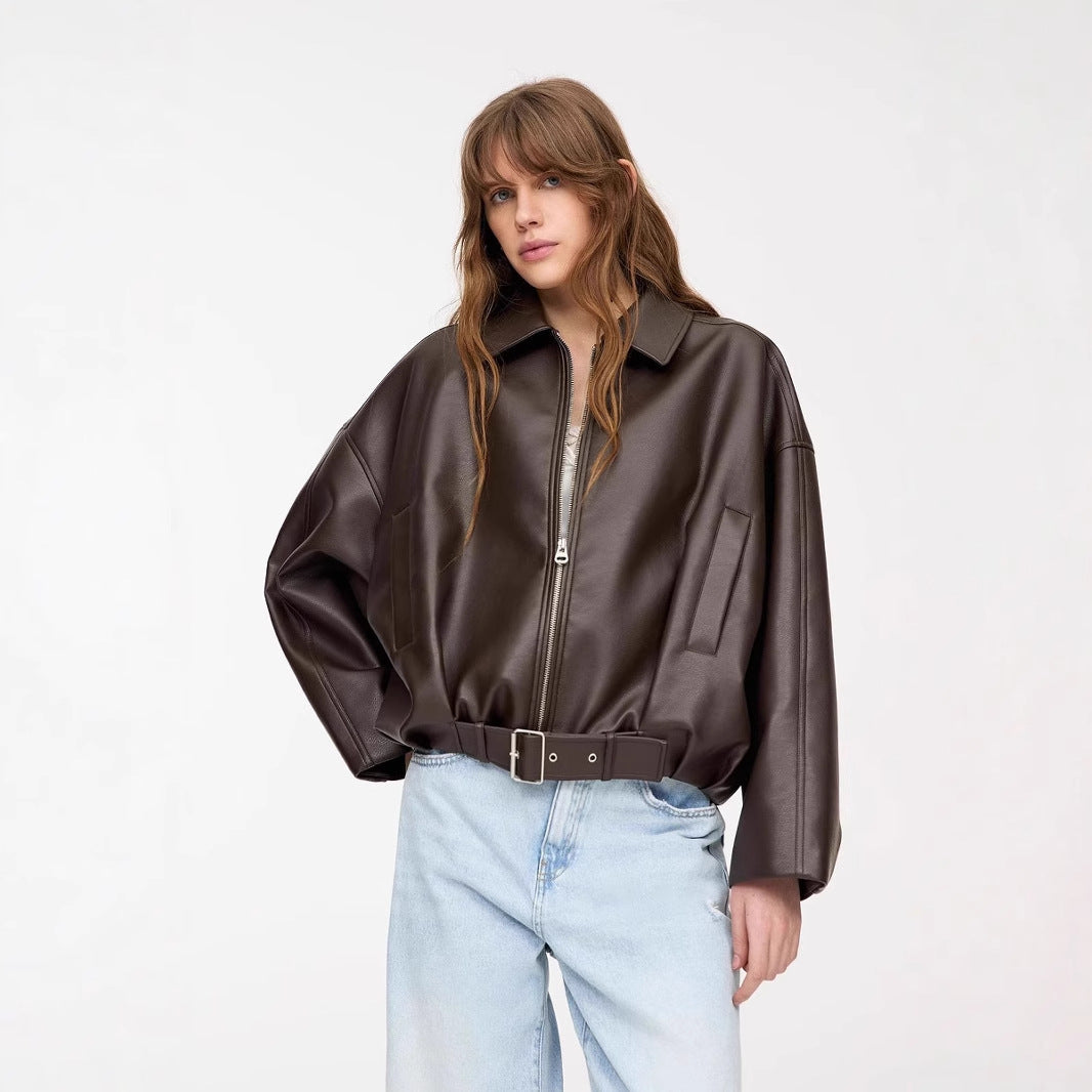 Berlin Noir" Belted Faux Leather Jacket